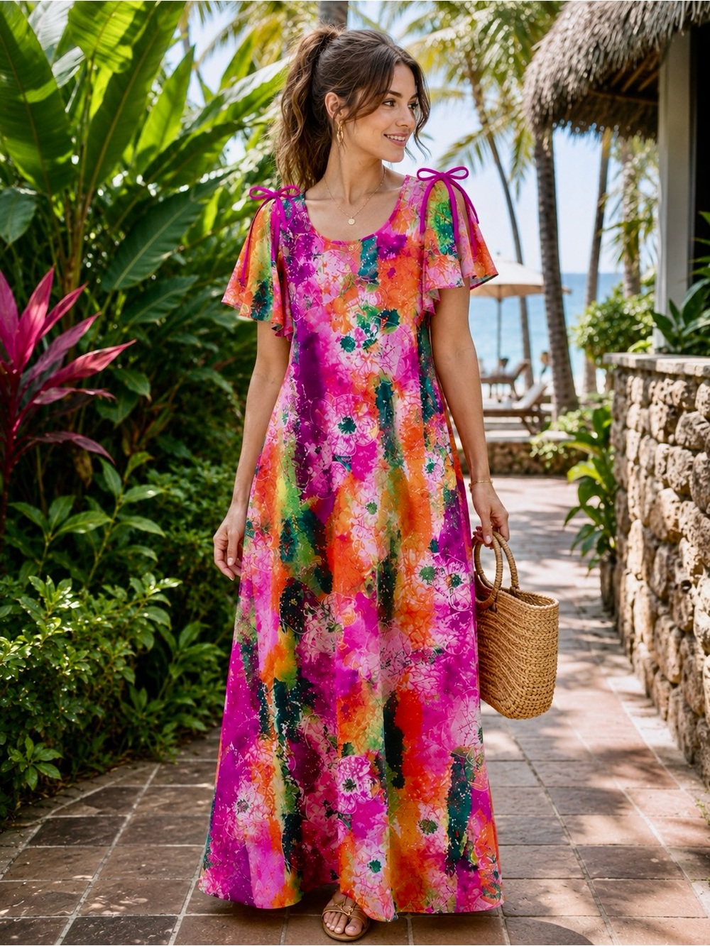 Vintage Royal Polynesian Hawaiian Maxi Dress